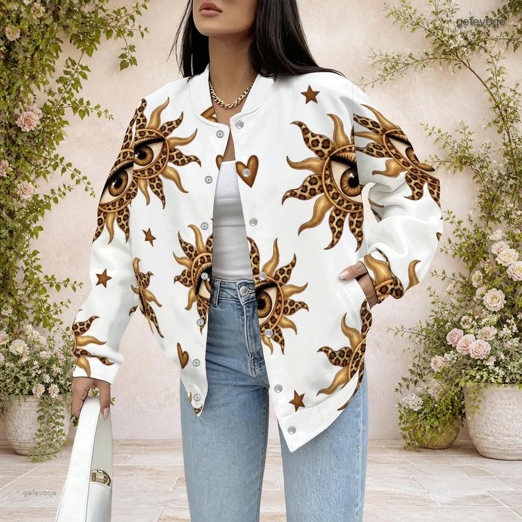 Women Plus Size Baseball Collar Printed Long Sleeve Button Front Varsity Jacket White With Pockets