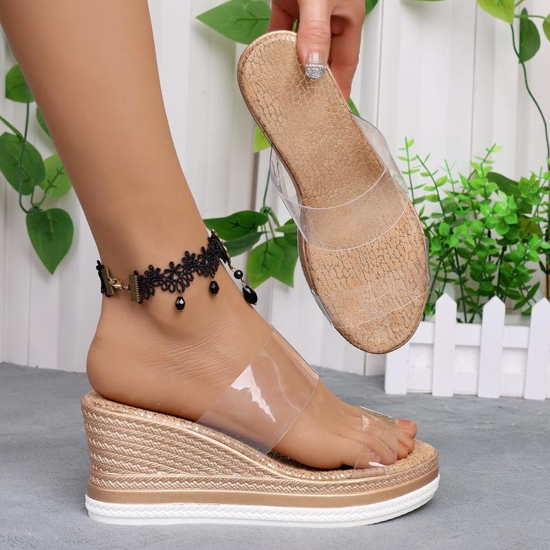 Slope heel cool slippers new fashionable round head thick sole transparent one-word slippers wear high-heeled open-toed sandals women's shoes