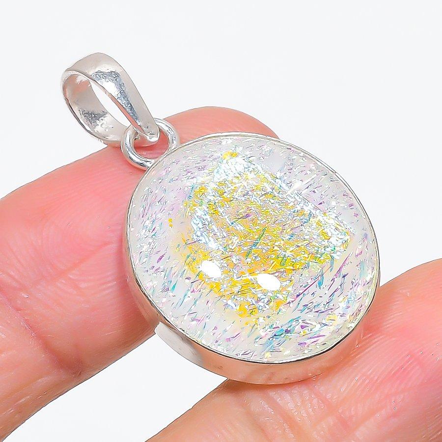 Dichroic Glass Gemstone Handmade 925 Sterling Silver Jewelry Pendant 1.50" KJ-50