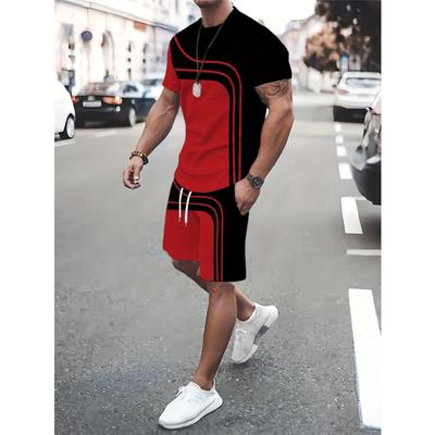 Herren Kontrastfarben Streifen Grafikdruck T-Shirt & Shorts Co-Ord Set für Sommer Outdoor Sport 2-teilige Anzüge