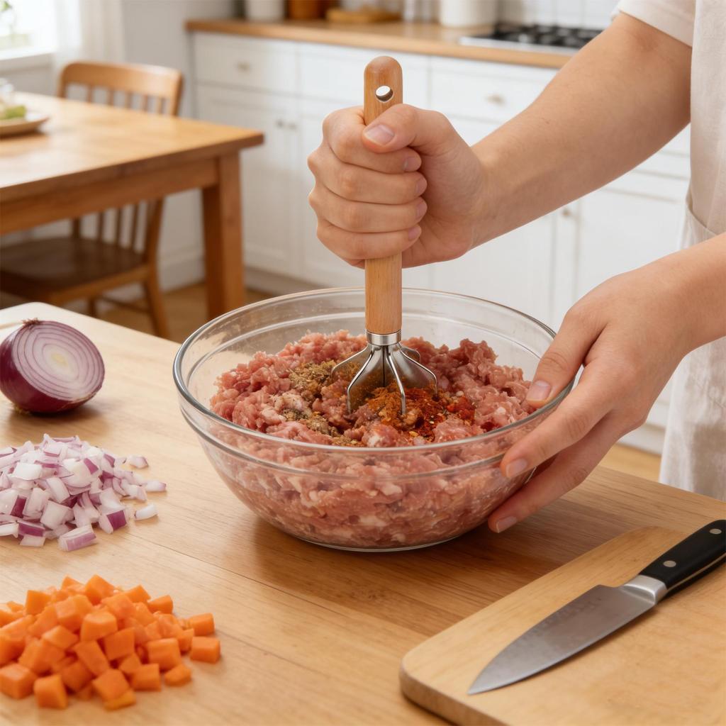 Hackfleisch-Zerkleinerer Werkzeug Lebensmittel-Mühle Mit Holzgriff Antihaft-Lebensmittelstampfer Für Fleisch Gemüse Kartoffel Hähnchen Rindfleisch Nuss