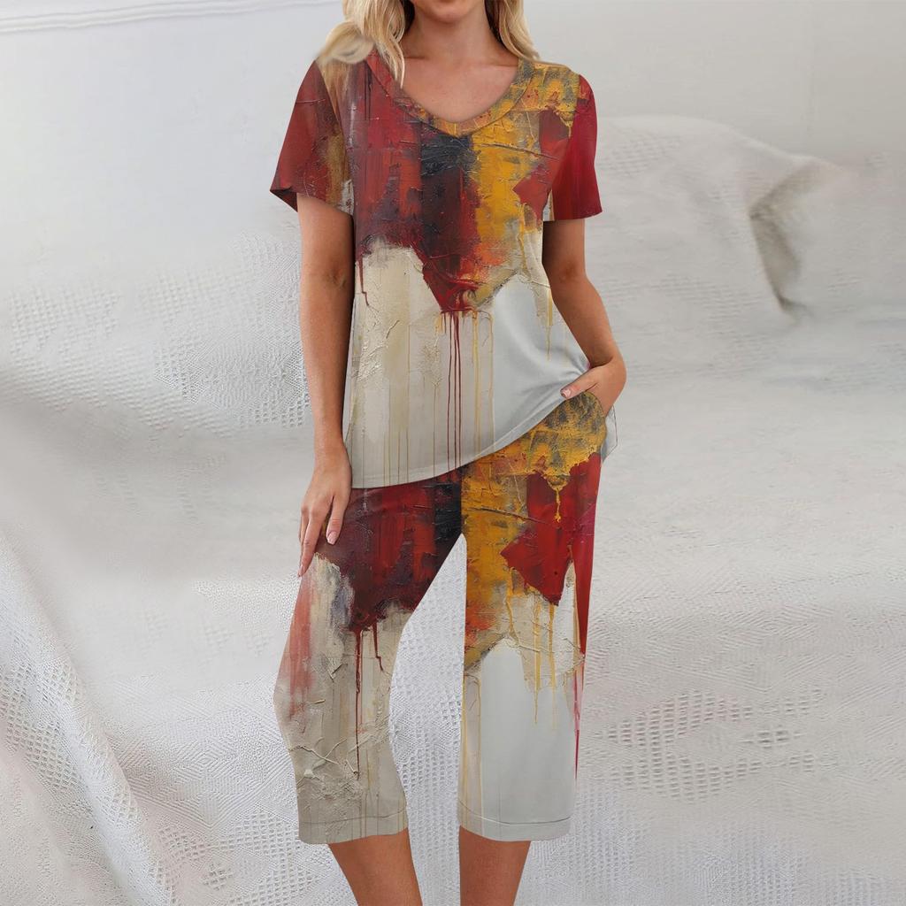 2 Piece Sets For Women Short Sleeve Top And Pants With Pockets Workout Soft Halloween Print Sets