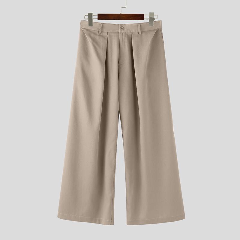 

INCERUN Men Zip-up High Waist Pleating Casual Long Wide Legs Pants Trousers 5XL хаки