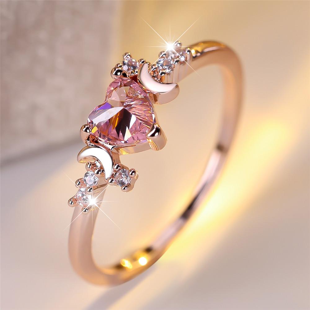 Female Cute Small Moon Ring Elegant Pink Crystal Heart Stone Rings For Women Vintage Rose Gold Color Wedding Band Bridal