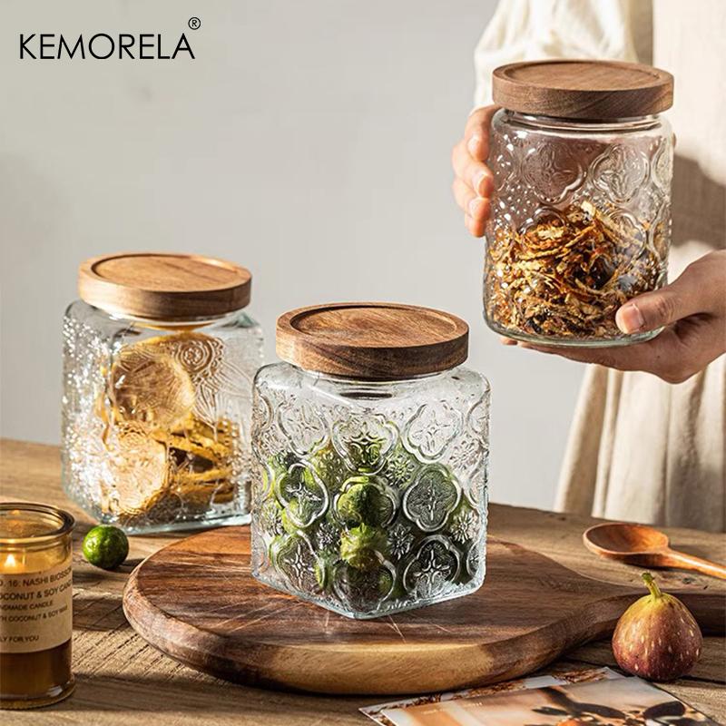 Vintage Glass Jar Canister Storage with Seal Wooden Lid Retro Design Wood  Glass Airtight Canister Embossed Container verde