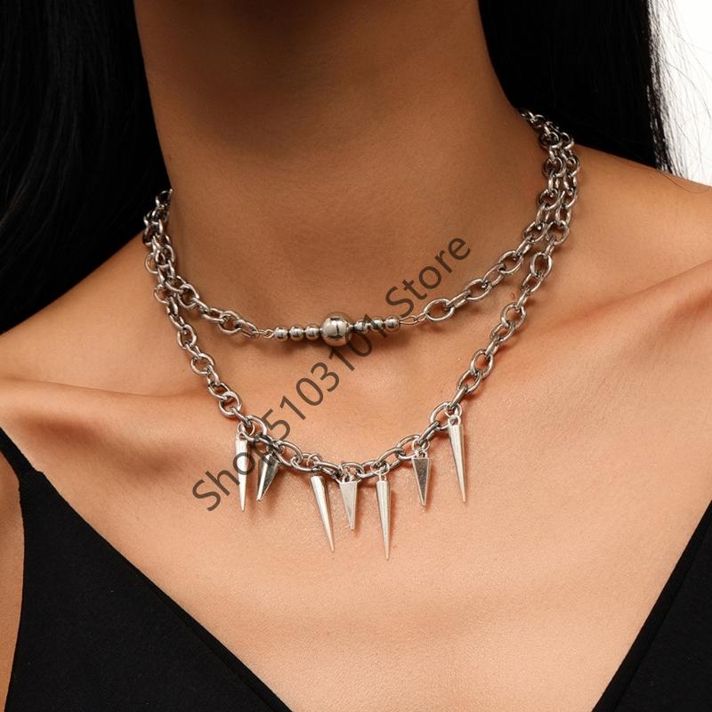 Punk Gothic Studded Rivet Spikes Necklace Two Layers Vintage Choker Hip Hop Necklace For Party Valentine's Day Lovers Gift