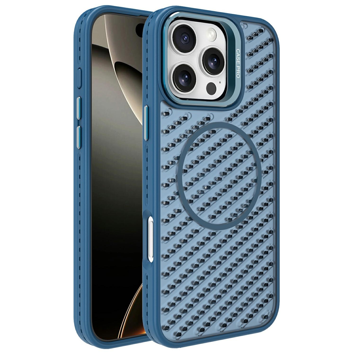

For iPhone 16 Pro Magnetic Case PC TPU Back Cover Hollow Design with Lens Kickstand Blue