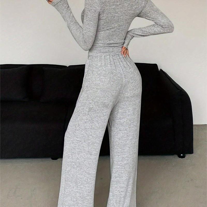 Women's Solid Color Long Sleeve Button-Up Top and Tight-Fitting Trousers Set - New Spring/Fall/Winter 2-Piece Outfit