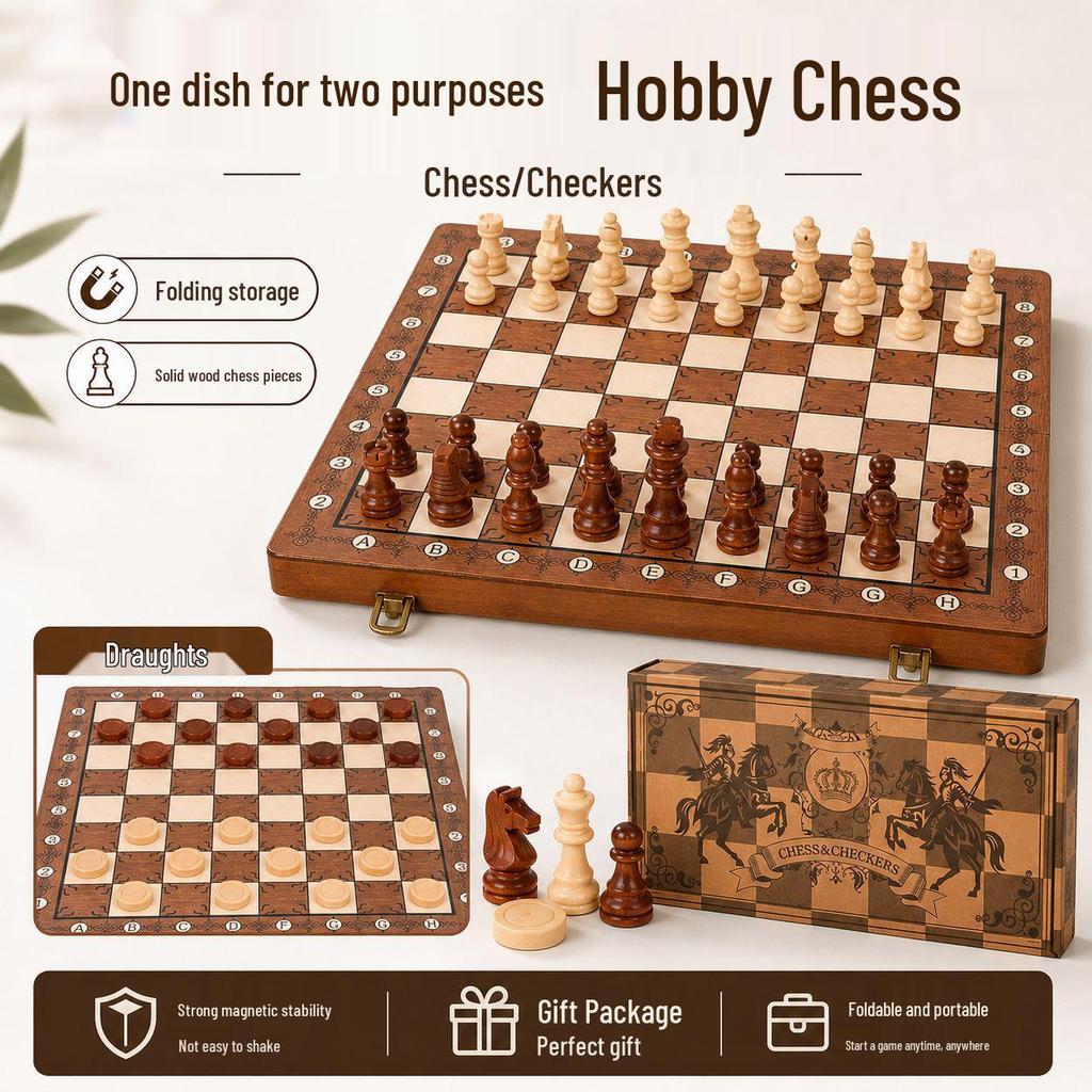 2-in-1 Wooden Folding Magnetic Chess & Checkers Board Game - Portable Tabletop Puzzle Toy
