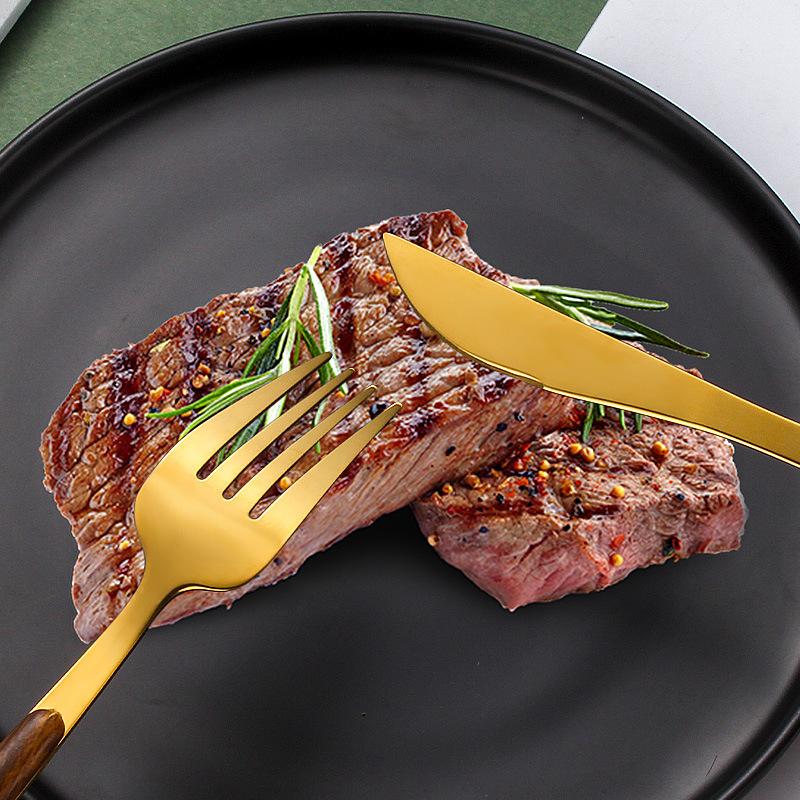 Ins Gold Tableware 430 Stainless Steel Knives, Forks and Spoons Set Imitation Wood Western Food Steak Knives and Forks