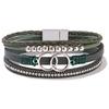 Handwoven Leather Bracelet Bracelet Double Ring Magnetic Buckle Diamond Enlaid Women's Leather Bracelet