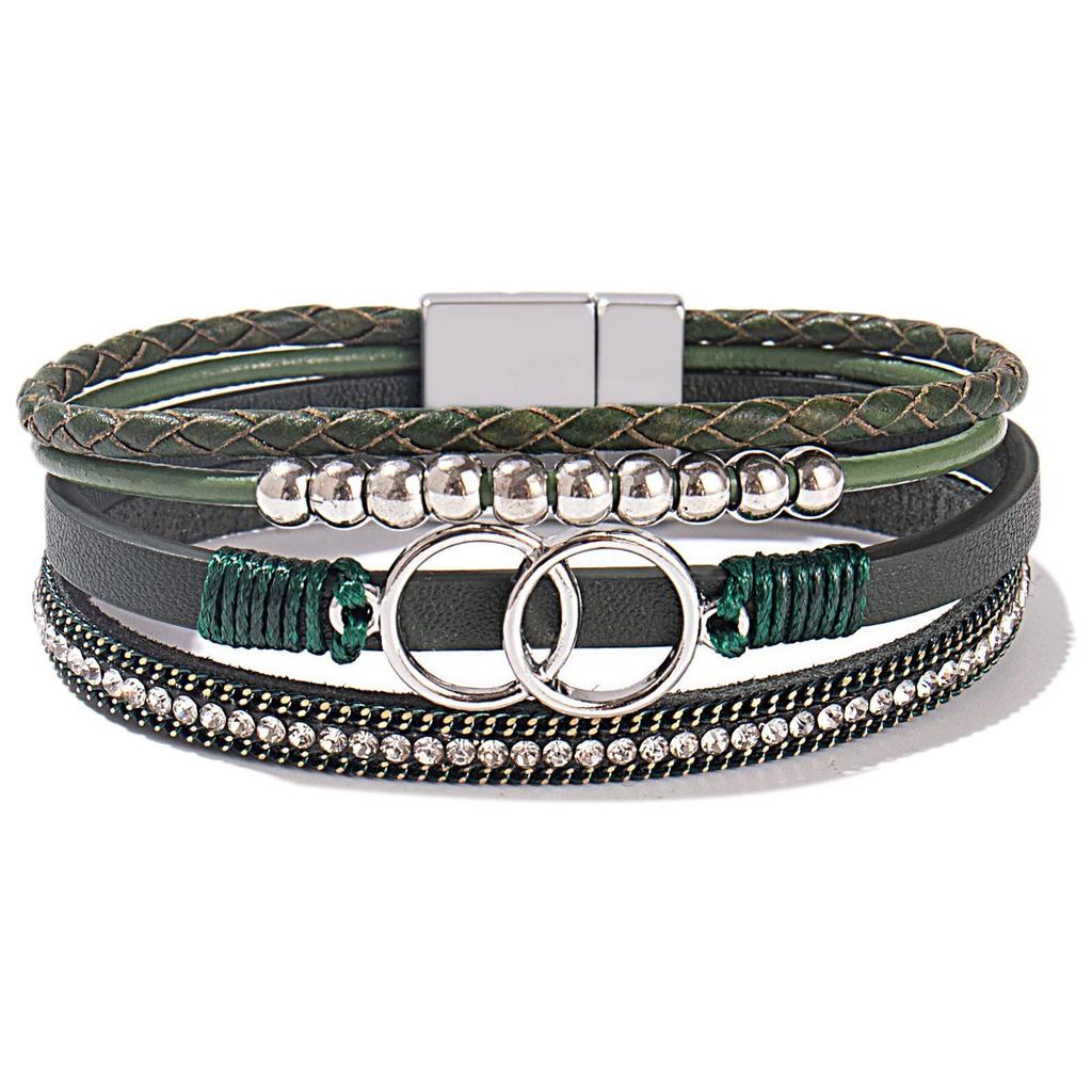 Handwoven Leather Bracelet Bracelet Double Ring Magnetic Buckle Diamond Enlaid Women's Leather Bracelet