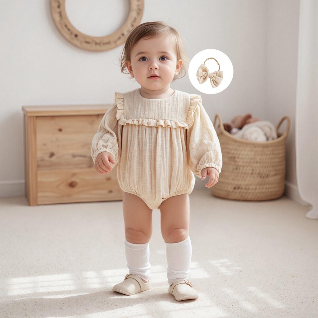 Baby Girls Fall Romper Solid Color Long Sleeve Round Neck Ruffled Jumpsuit with Bow Headband