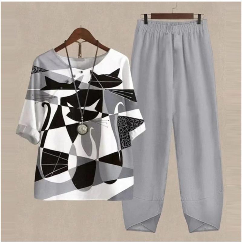 Sommer Lässige Zweiteiler Damen Locker Kurzarm T-Shirt High Waist Hose Print Outfits Damen Elegant Vintage Oberteil Hosenanzug