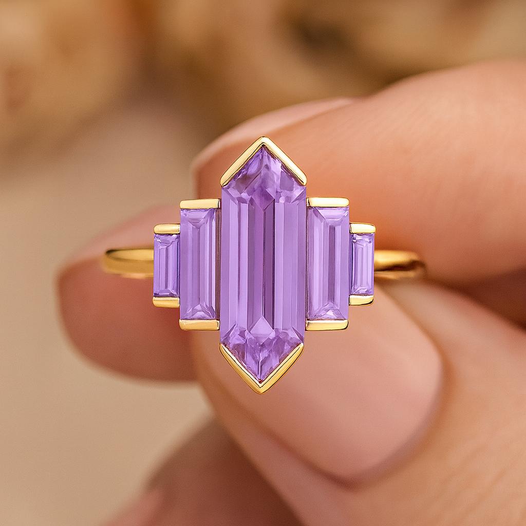Hexagon Cut Amethyst Engagement Wedding Ring – Vintage Art Deco Purple Stone Ring, Anniversary Promise Gift for Women