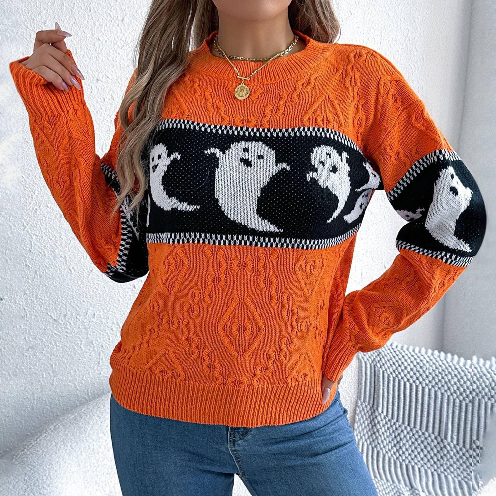 

Женская мода повседневный свободный свитер контрастного цвета на Хэллоуин с длинным рукавом пуловер топ M оранжевый