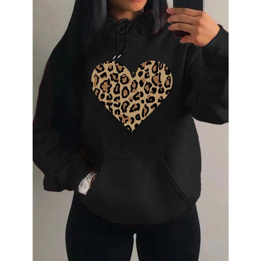 Simple Leopard Print Heart Design Hoody Women Oversize Fleece Hoodies Autumn Hip Hop Sportswear Fashion Clothing