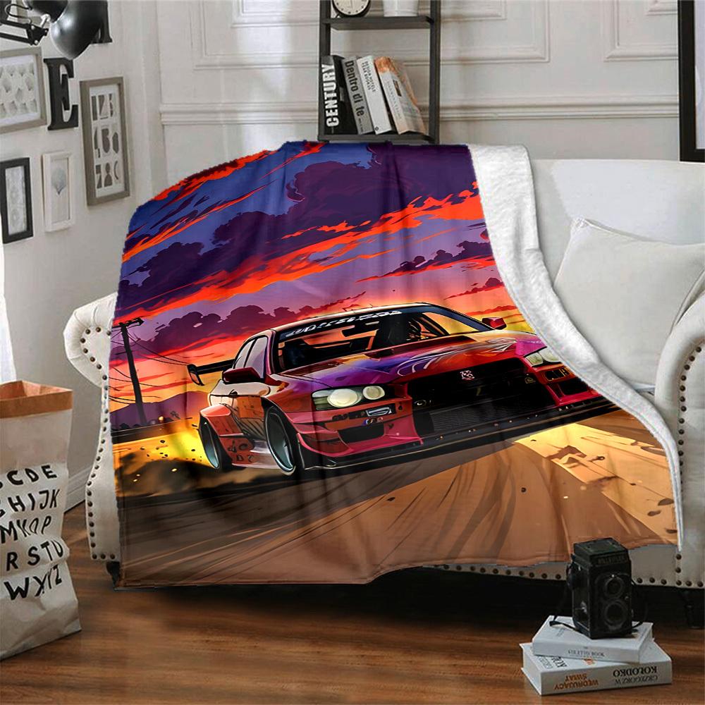 1pc Drift Car, Sunset Blanket Lightweight Flannel Blanket Throw Blanket For Sofa, Bed, Travel, Camping, Livingroom, Office, Couch