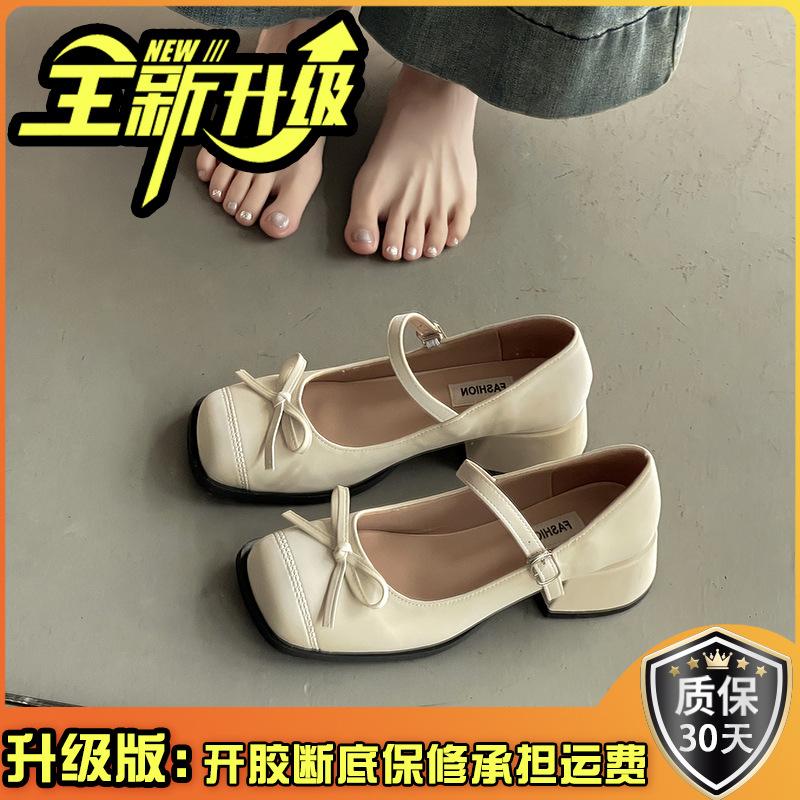 Summer new retro bow French thick heel high heels shallow mouth Mary Jane shoes Korean version gentle middle heel single shoes