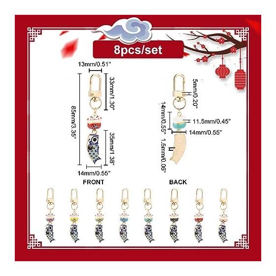 PH PandaHall 8 Pieces Lucky Cat Keychain Key Ring Smartphone Strap Carp Banner with Nasukan Japanese Style Cute Cat Pendant Wallet Bag Decoration