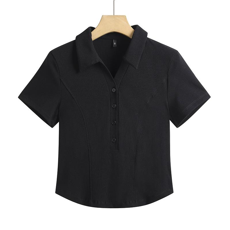 Women s Korean Style Slim-Fit High-Waisted Short-Sleeved Stretch T-Shirt with Turn-Down Collar - Summer 2026 Collection S