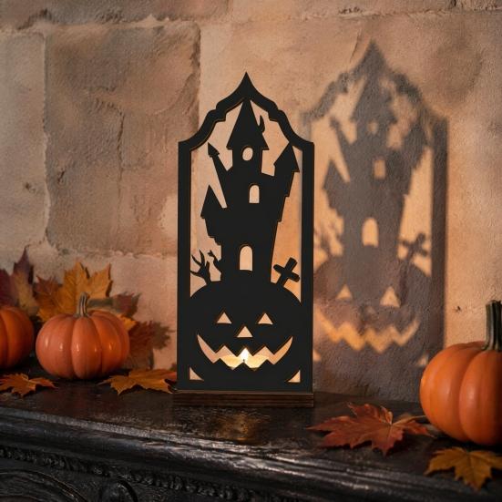 Spooky Home Decor Halloween Candle Holder, Gothic Hollow Silhouette Holder for Tea Lights, Dark Festive Atmosphere Lighting Style Pumpkin Ghost