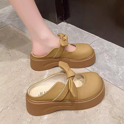 Thick Bottom Heightening French Gentle Bag Head Half Slippers 2025 New Bow Women's Half Slippers Women's Summer Wear