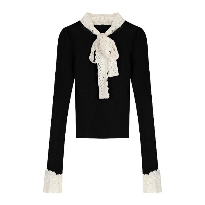 French temperament lace bow with sweater inside women's winter black short slim fit