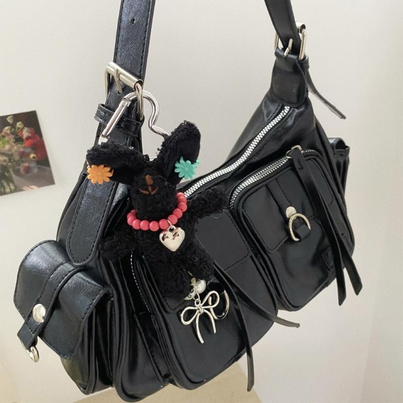 Playful Rabbit Bag Charm Double Use Phone Lanyard Soft Plush Pearls Clip Accessory Adorable Rabbit Keyring Decors