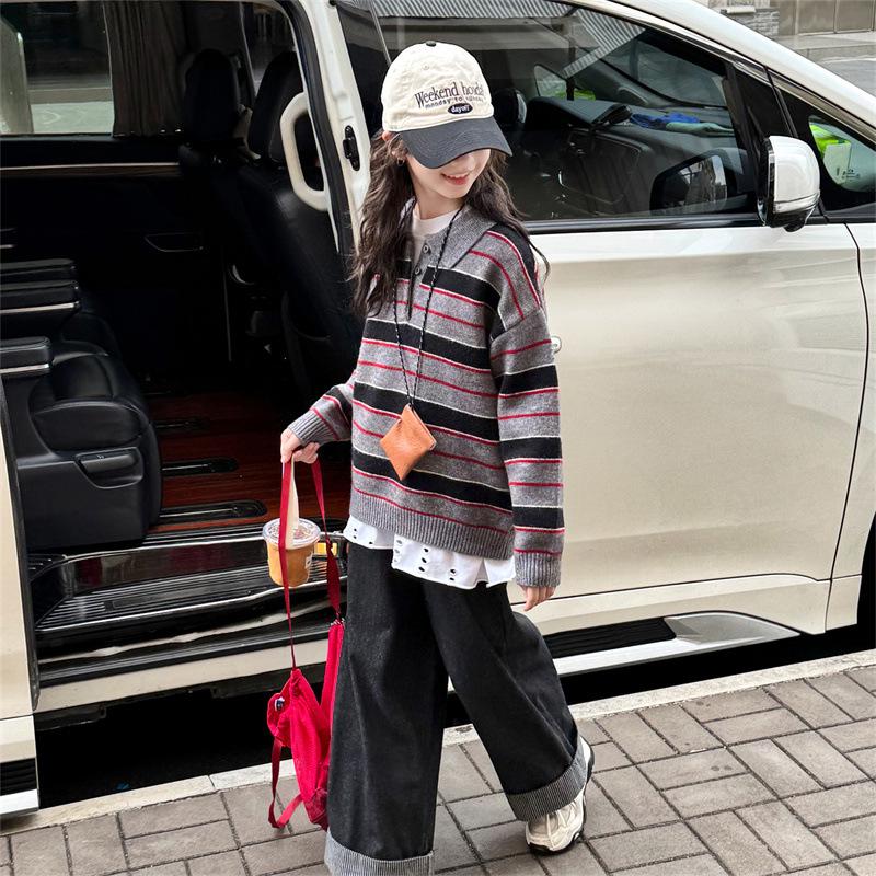 

Полосатый свитер поло для девочек: Детская мода 2025, Осень/Зима, Вязаная шерсть, Повседневная одежда для подростков 150 cm