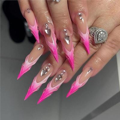 Farbverlauf Rosenrot Strass 3D Lange Spitze Nägel (24 Stück)