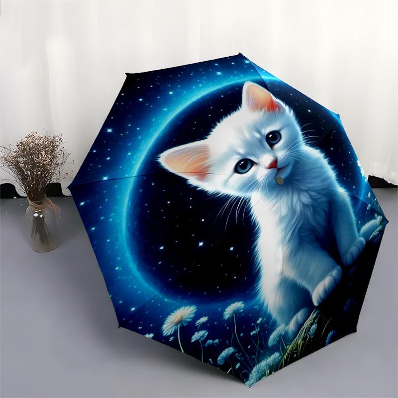 1 pièce Parapluie d'extérieur Nuit de Lune avec Chat - Ouverture/Fermeture Automatique, Design Pliable en 3 Parties Portable avec Structure en Fer à 8 Baleines, Cadeau Parfait pour les Fans et les Voyageurs