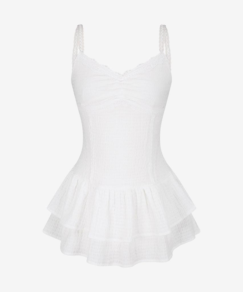 Limekeu Shirred Lace Strap Camisole Dress White