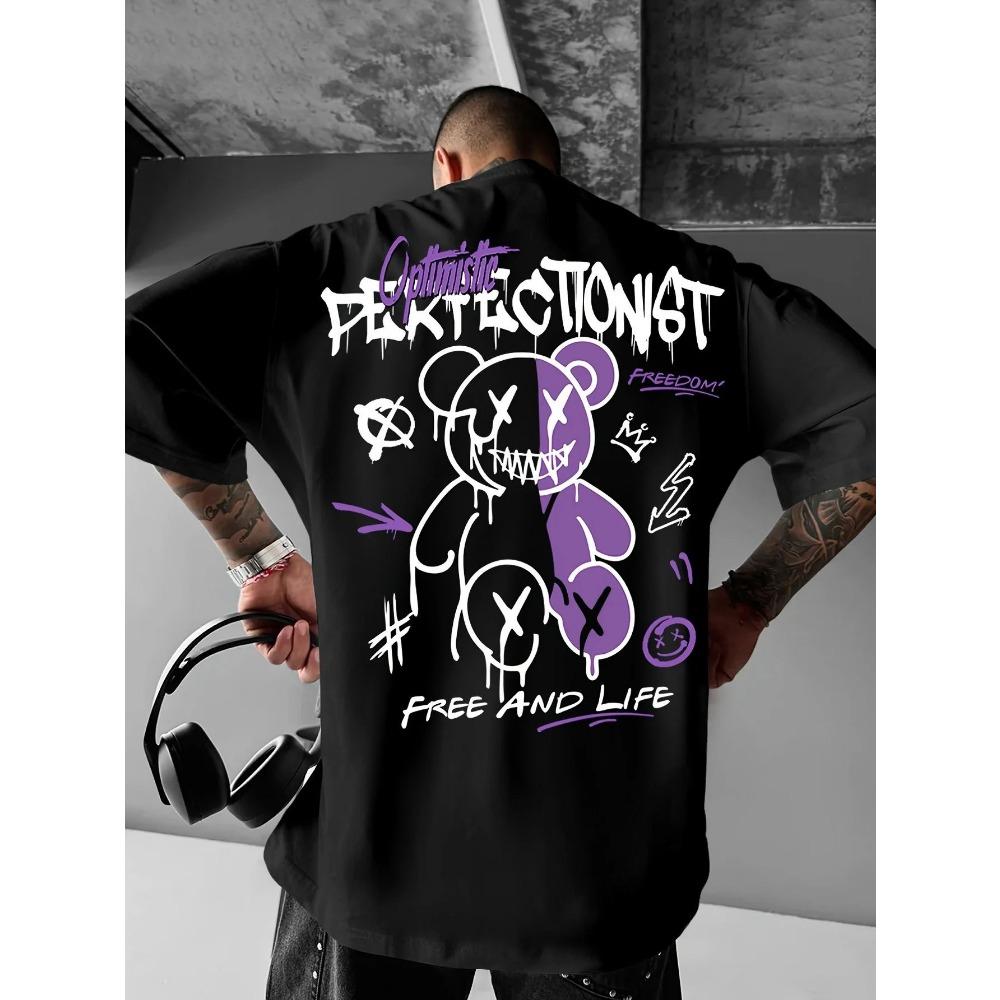 Summer New Men's Teddy Bear Graffiti Print Comfortable and Breathable Round Neck T-shirt. This Is an Outdoor Versatile Street St