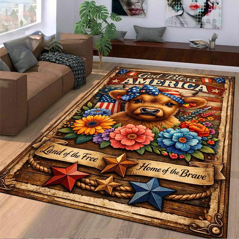 God Bless America Cow Floral Carpet Non-slip Rug Suitable for Living Room and Bedroom Sofas