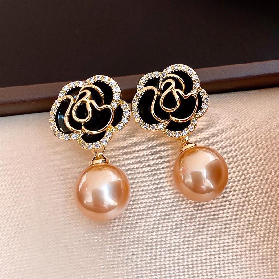 Silver needle retro Hong Kong style zircon dripping oil flower pearl earrings stud earrings temperament earrings women