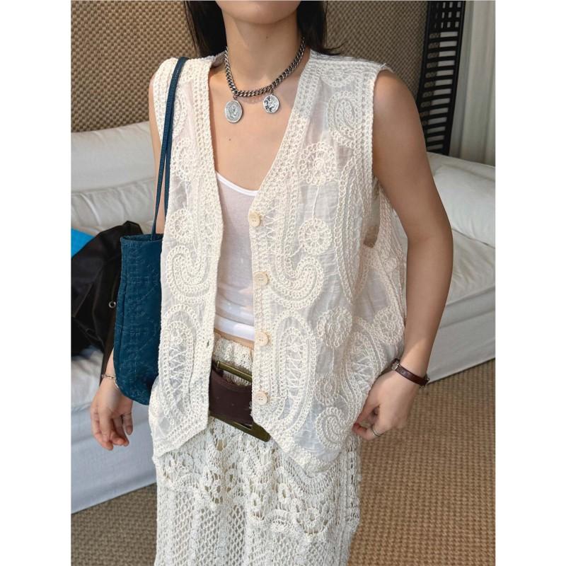 Johnature Summer French-Style Bohemian Embroidered Hollow Handmade Feel Sleeveless Top For Women