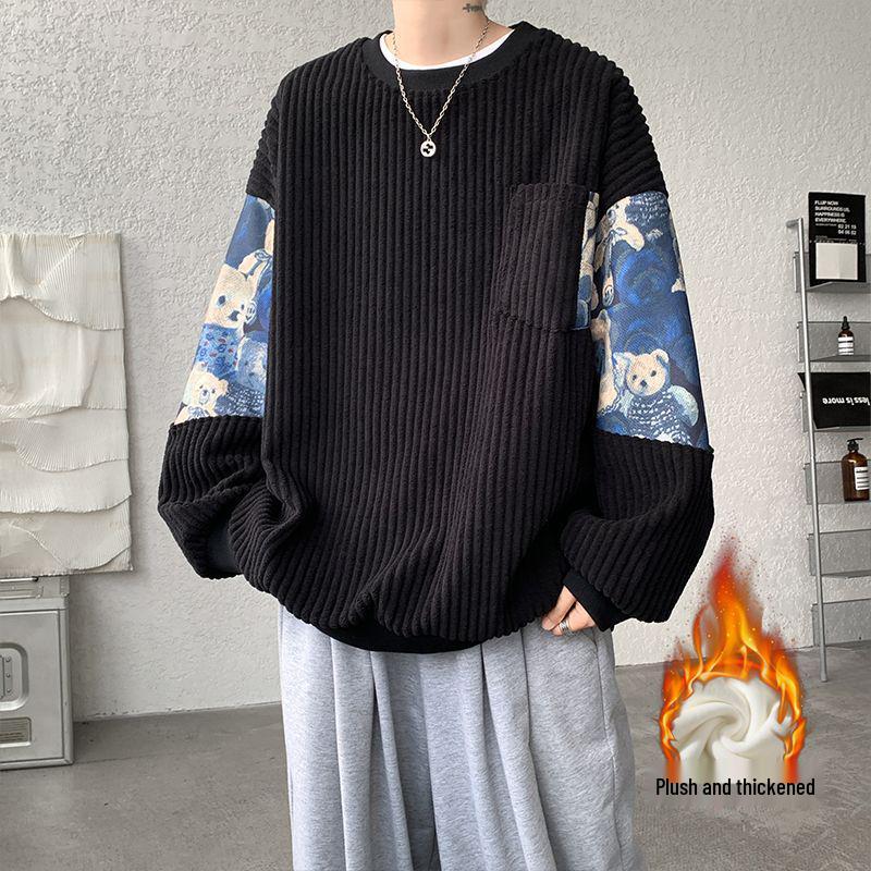 Men's White Corduroy Hoodie with Little Bear Embroidery, Heavyweight Plus Velvet, New Chinese Style, Thickened for Autumn/Winter.