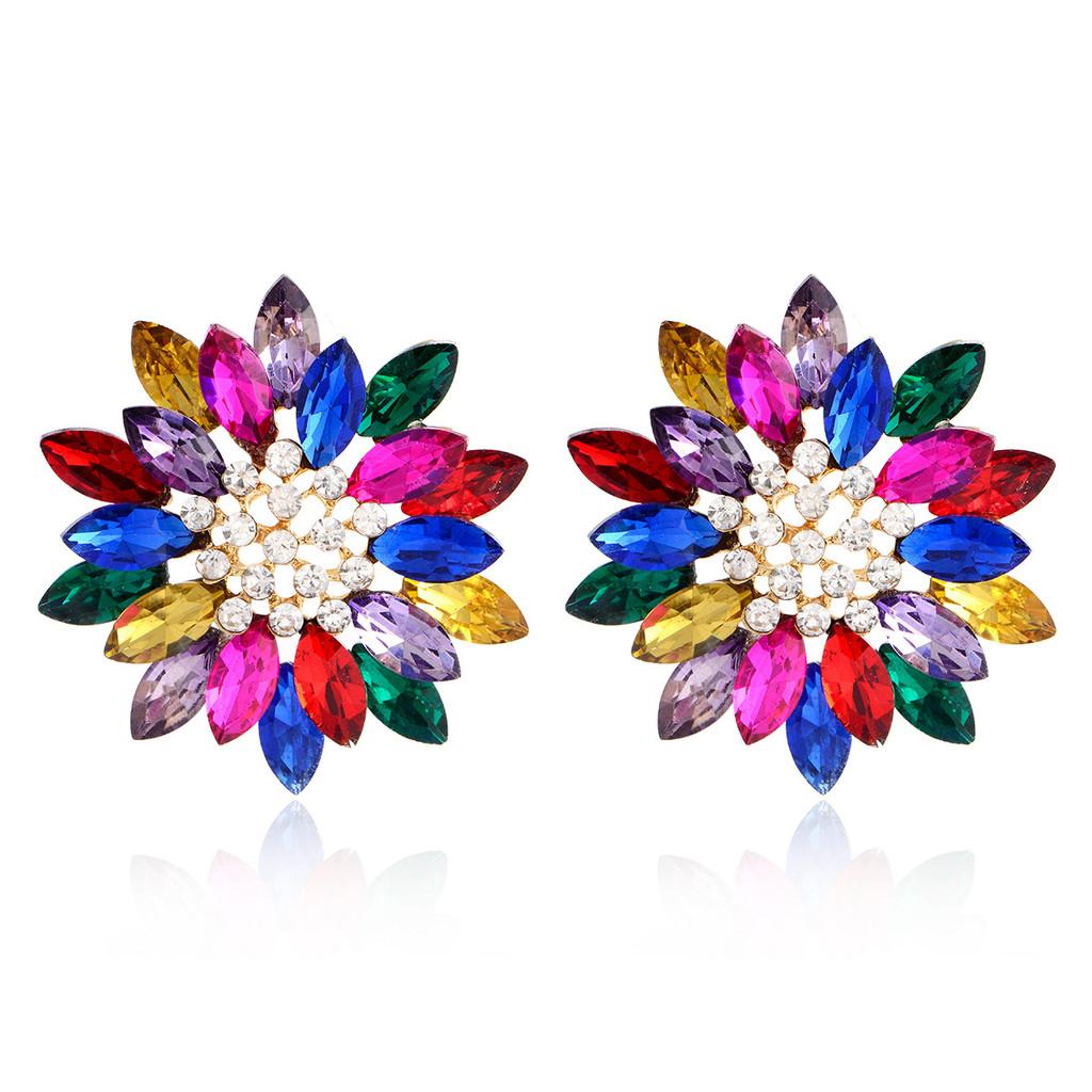 Gemstone Flower Ear Studs Alloy Colorful Crystal Sunflower Fashion Jewelry For Women