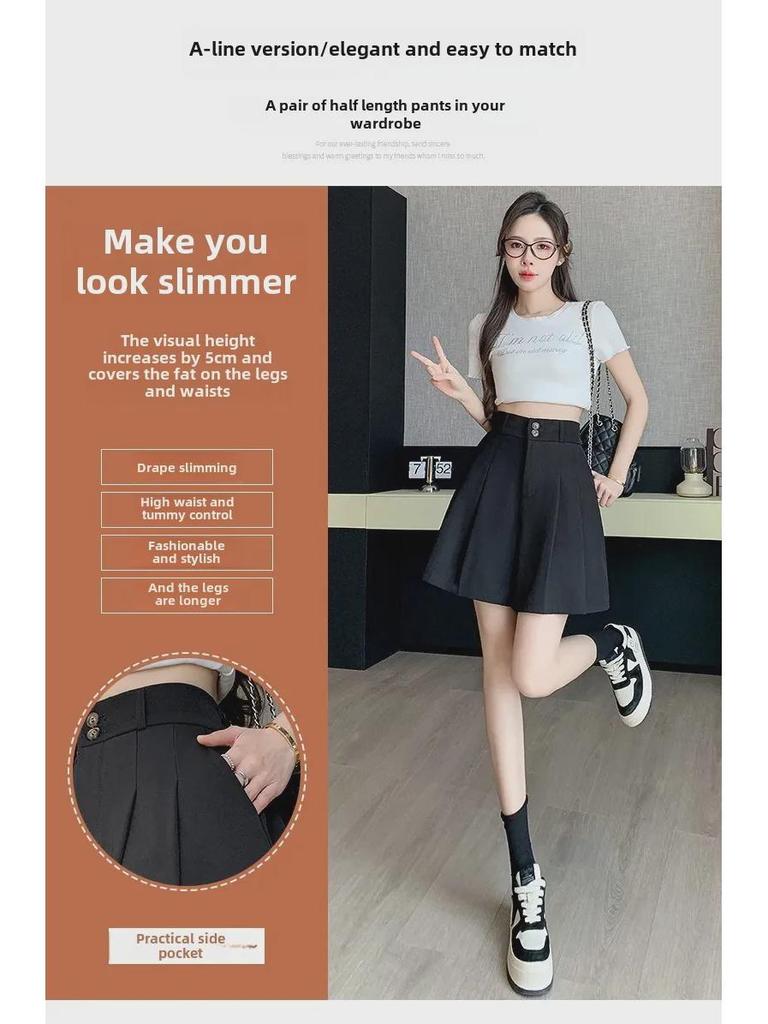 Women's Khaki Pleated A-Line Culotte Shorts - 2024 Summer Fashion Wide-Leg Style