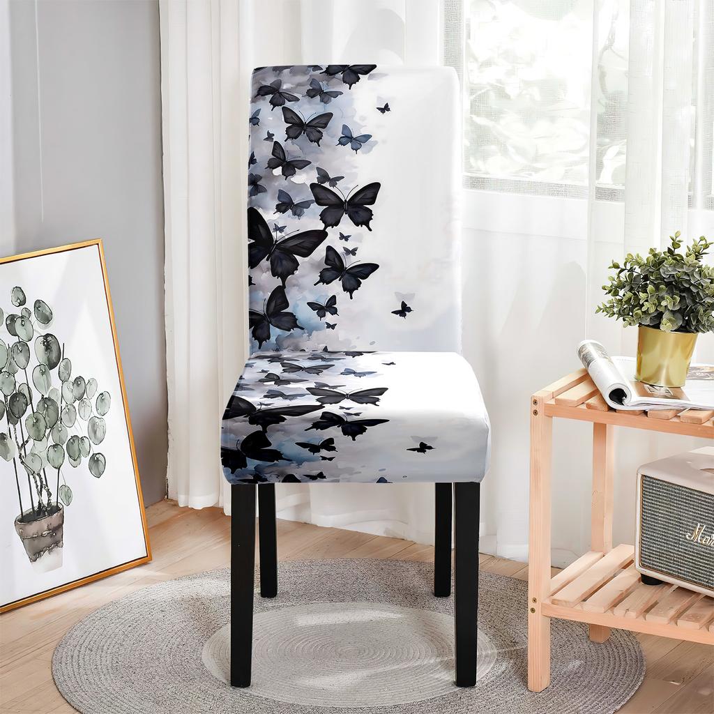 4/6pcs Black and white butterfly print chair cover home decoration stretch dining chair cover washable four seasons