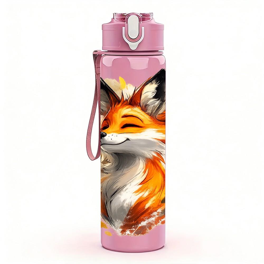 1PC Half Face Vivid Fox Pattern 750ml Color Plastic Sports Water Bottle Leakproof Flip Straw Lid Suitable for Sports Office Home Use