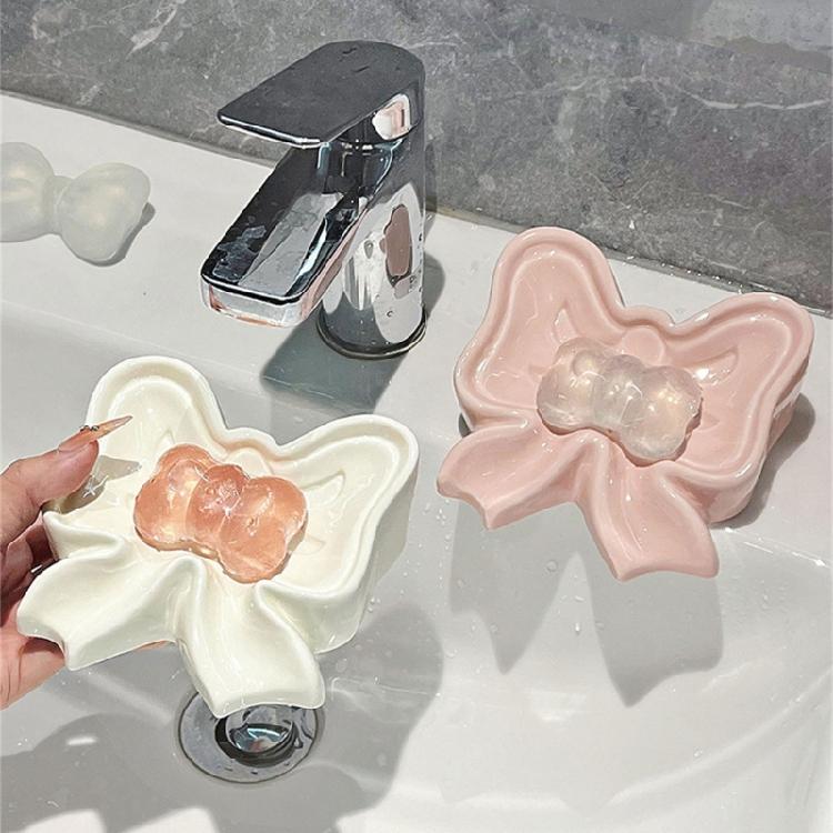 Ceramic Soap Holders with Bows Drainages Enhanceds Design Bathroom Counter Organizers Decorative Sink Tray