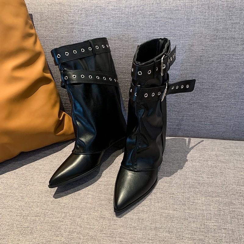 European and American sexy babes high-heeled short boots women's 2025 autumn and winter new belt buckle rivets square head wedge trouser tube boots