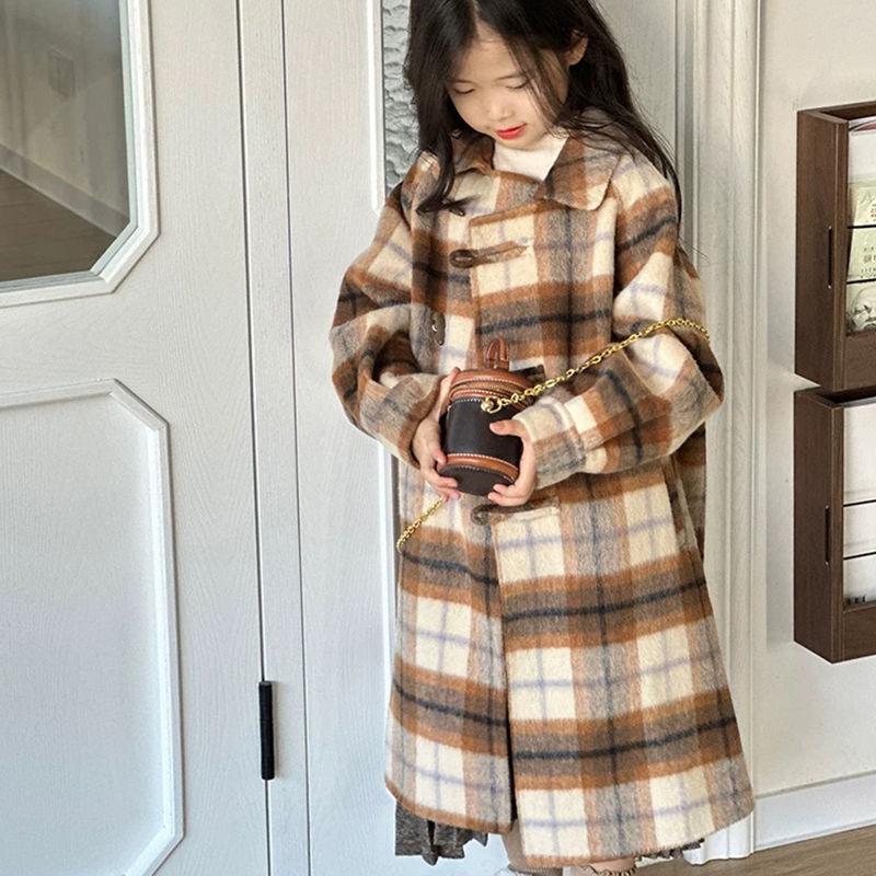 2025 Mädchen Koreanischer Stil Karierter Wollmantel - Mittellang Herbst/Winter Modetrend