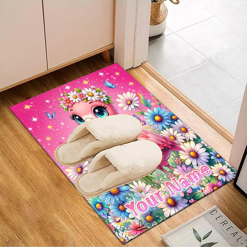 1PC Custom Name Flamingo Flowers Fantasy Art Theme Floor Mat Ideal for Living Room, Game Rooms, Office, Bedroom,Floor Mat Playful Design
