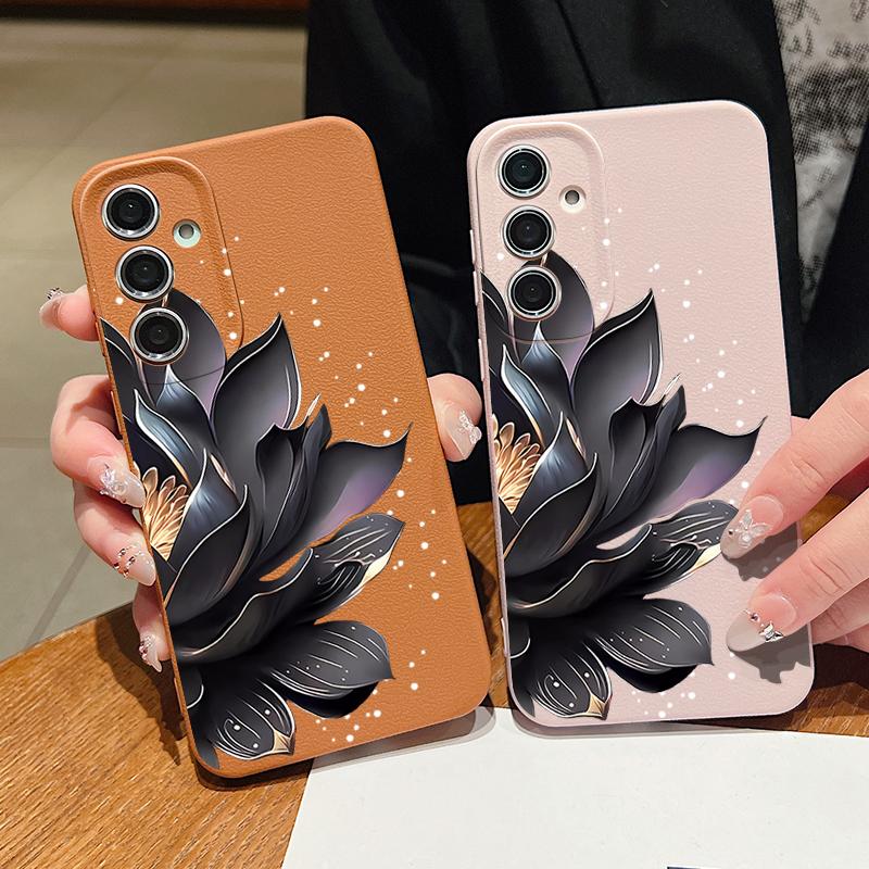 Black Lotus Pattern Case For Samsung Galaxy S24 S25 Ultra Edge S23 Plus S22 S21 FE A34 A54 A15 A35 A55 A16 A26 A36 A56 5G Capa