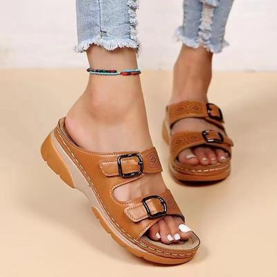 Exclusive for Large Size 2025 Summer Foreign Trade Women's Shoes Wedge Heel Fashion Outer Wear Beach Women's Slippers Belt Buckle