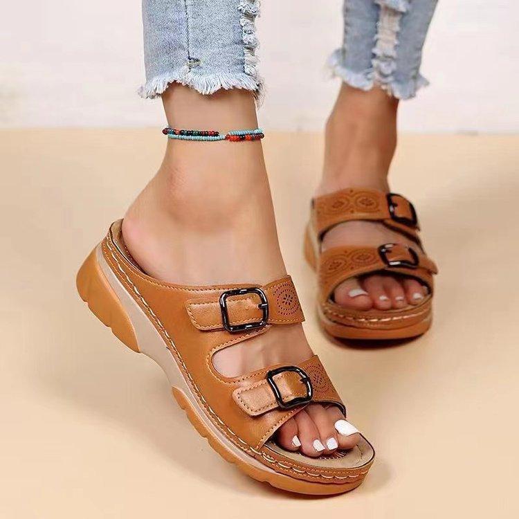 Large Size Wedge Slippers Women's Summer New Belt Buckle TEUM Fashion Sandals Women