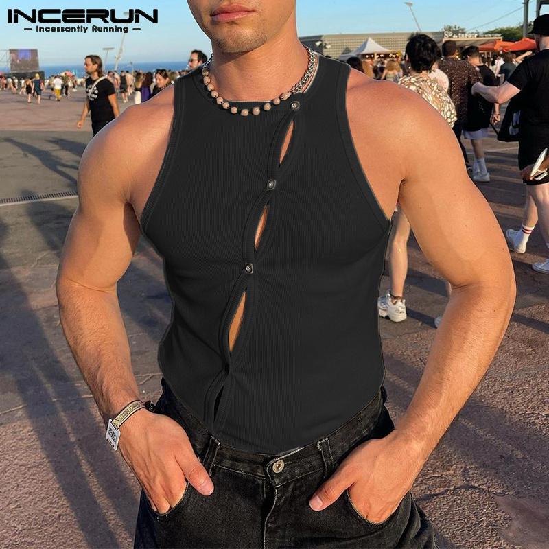 INCERUN Regatas masculinas de verão sem mangas com botão de malha e praia